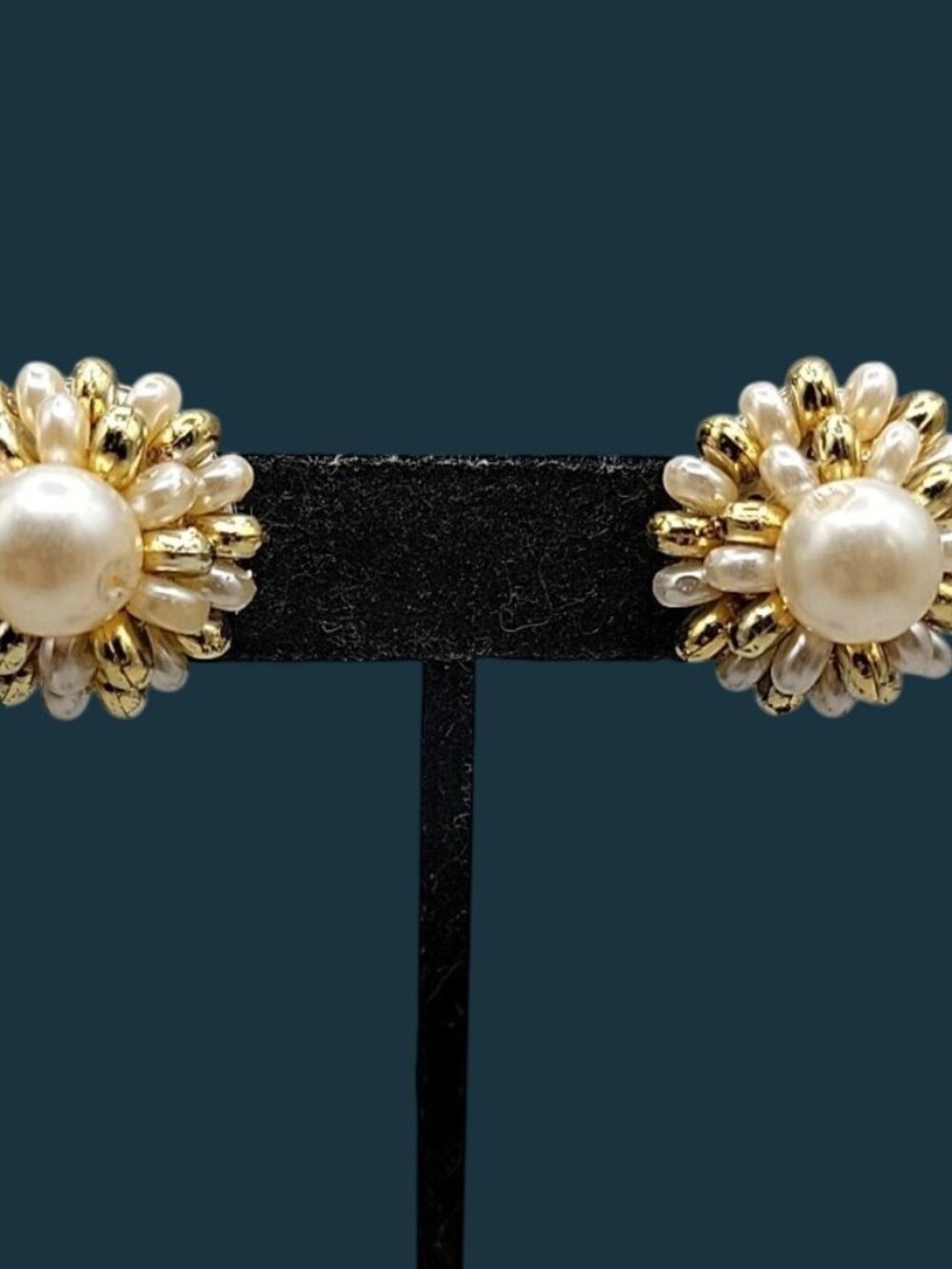 Vintage Sunflower Sunburst Cluster Clip On Earrings Faux Pearl Gold Tone Beads
